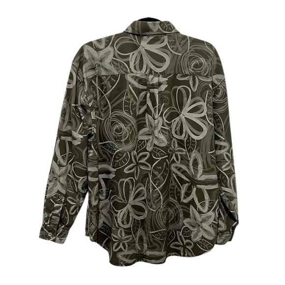 Fresh Produce olive green floral long sleeve button down cotton top Large - Picture 2 of 6